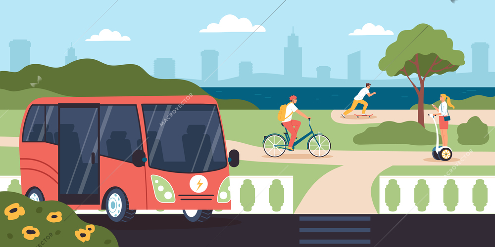 People using urban eco transport riding bicycle skateboard hoverboard electric bus flat concept vector illustration