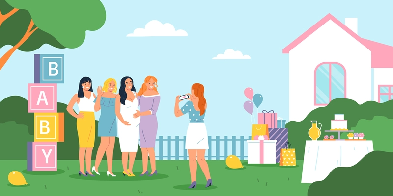 Outdoor baby shower party with happy expecting mother and her friends taking photos flat vector illustration