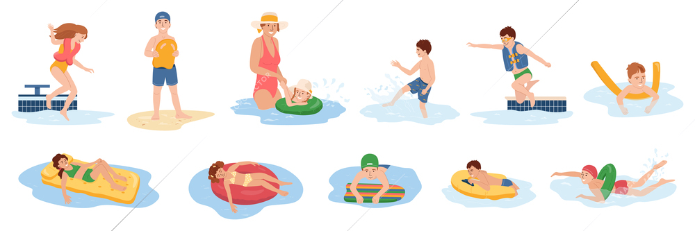 Kids safety in water flat icons set with children using life vest inflatable mattress ring isolated vector illustration