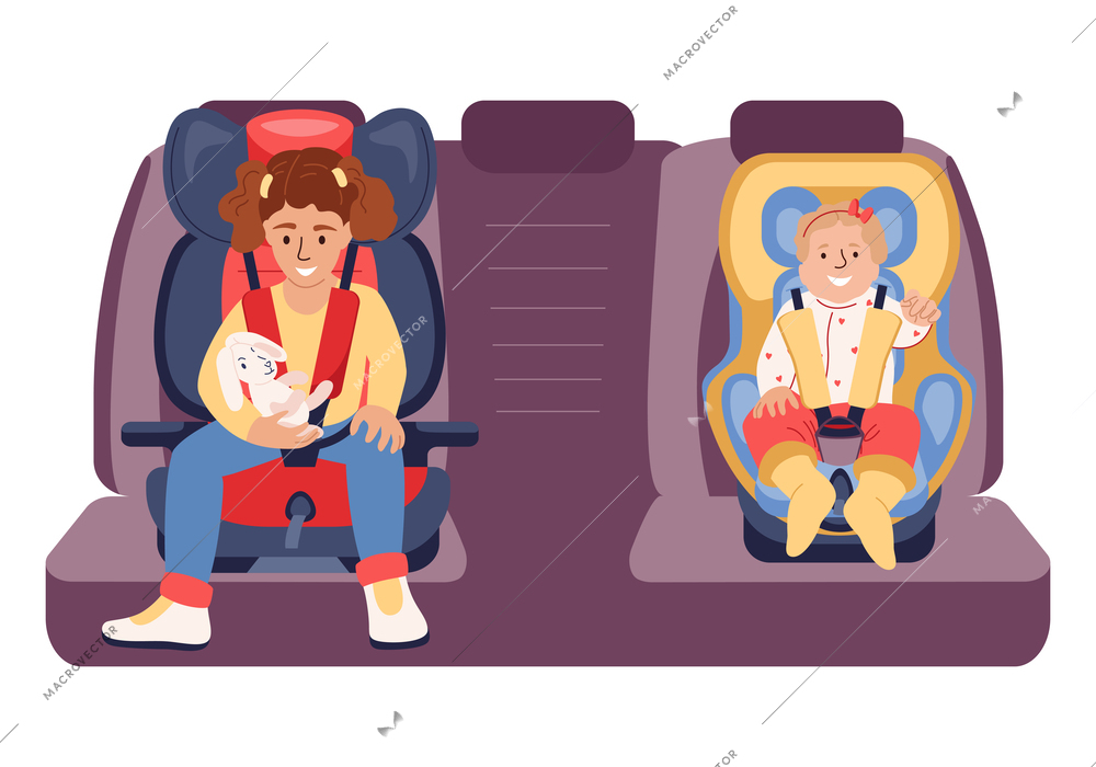 Children car seat flat composition with isolated view of backseat with infant and teenage kids characters vector illustration