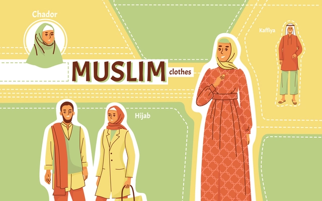 Muslim clothes collage with islam culture symbols flat  vector illustration