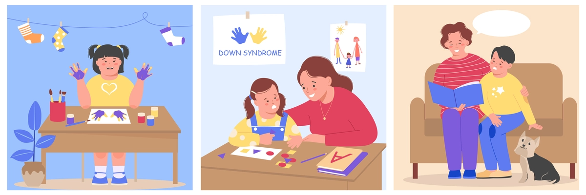 Three flat downs syndrome icon set with a girl makes palm prints on paper a teacher leads the lesson a adult reads a book to a child vector illustration