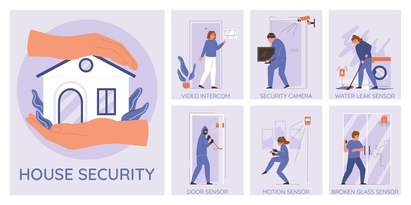 Home security infographic set with door sensor symbols flat vector illustration