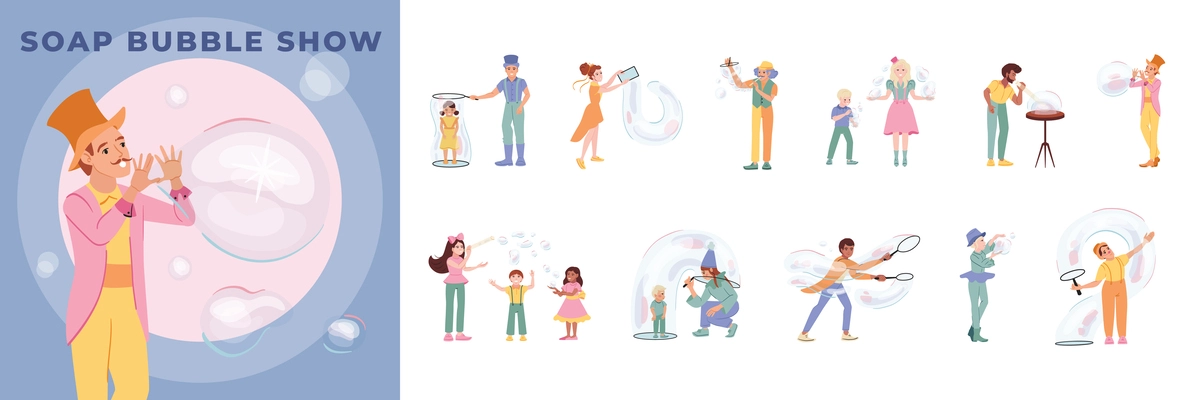 Soap bubbles show set of isolated compositions with flat icons of performing artists and kids characters vector illustration