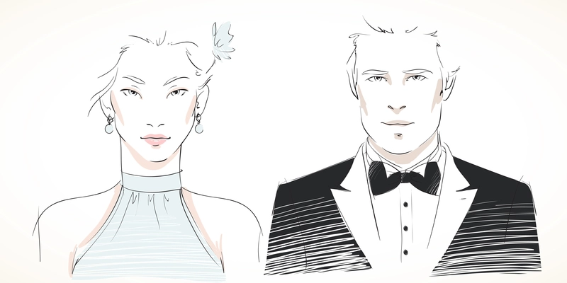 Young fashionable couple portraits of man and woman in evening dresses isolated vector illustration