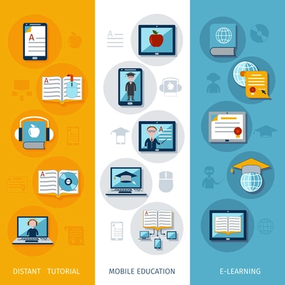 E-learning banners vertical set with distant tutorial mobile education flat elements isolated vector illustration