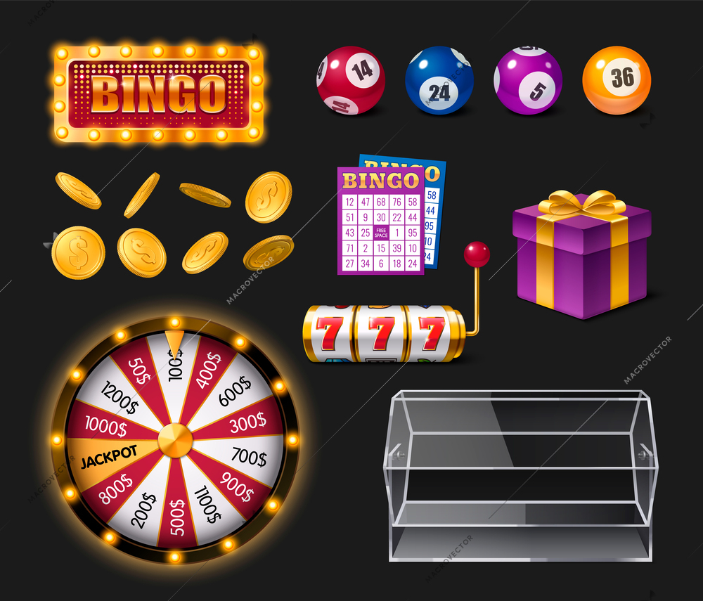 Bingo lottery realistic set with tickets coins balls plastic drum roulette isolated on black background vector illustration