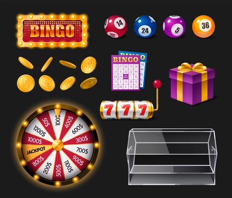 Bingo lottery realistic set with tickets coins balls plastic drum roulette isolated on black background vector illustration