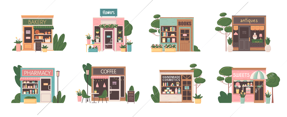 Small business facades flat set with bakery pharmacy flower books antiques cosmetics sweets coffee shops isolated vector illustration