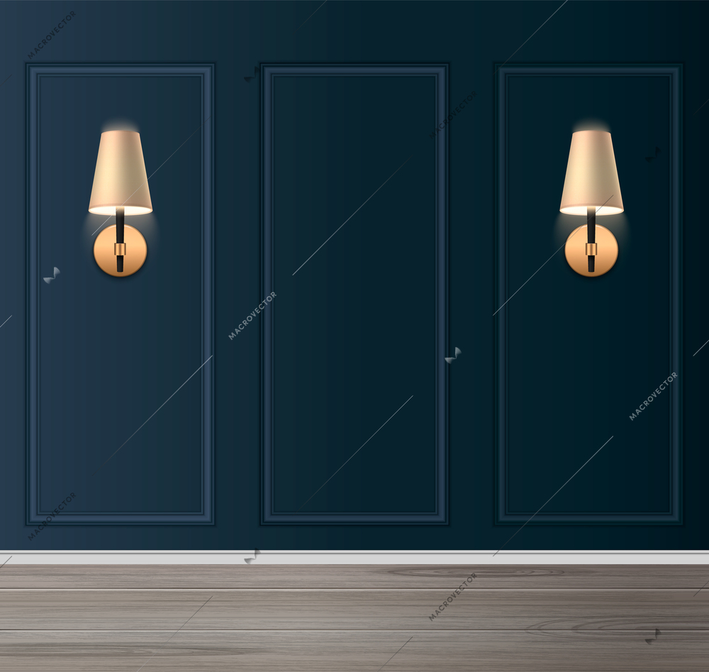 Realistic classic room interior with dark blue panels and glowing wall lamps vector illustration