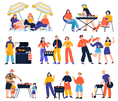 Barbecue flat set of funny people spending  weekend and grilling meat in nature isolated vector illustration