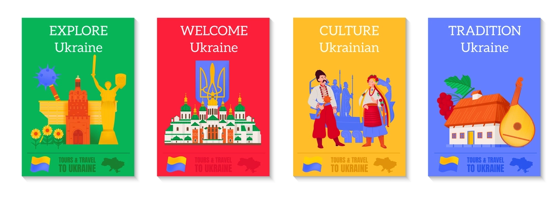 Explore ukraine flat poster set depicting traditions culture and landmarks isolated vector illustration