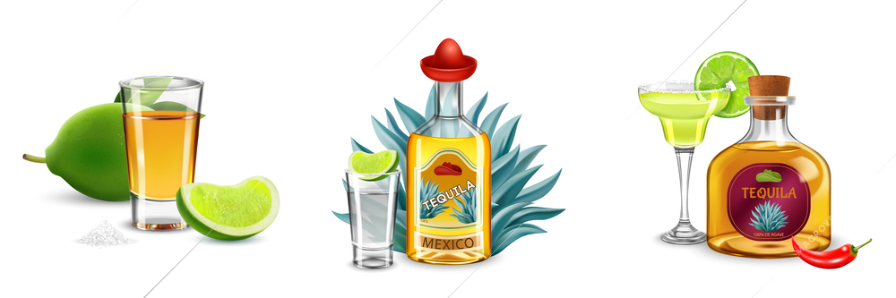 Tequila three realistic compositions consisting of bottles and wineglasses decorated wing limes and blue agave isolated vector illustration