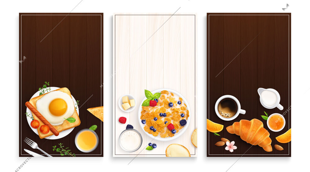 Breakfast promo flyers cards set of three vertical backgrounds with realistic top views of morning meals vector illustration