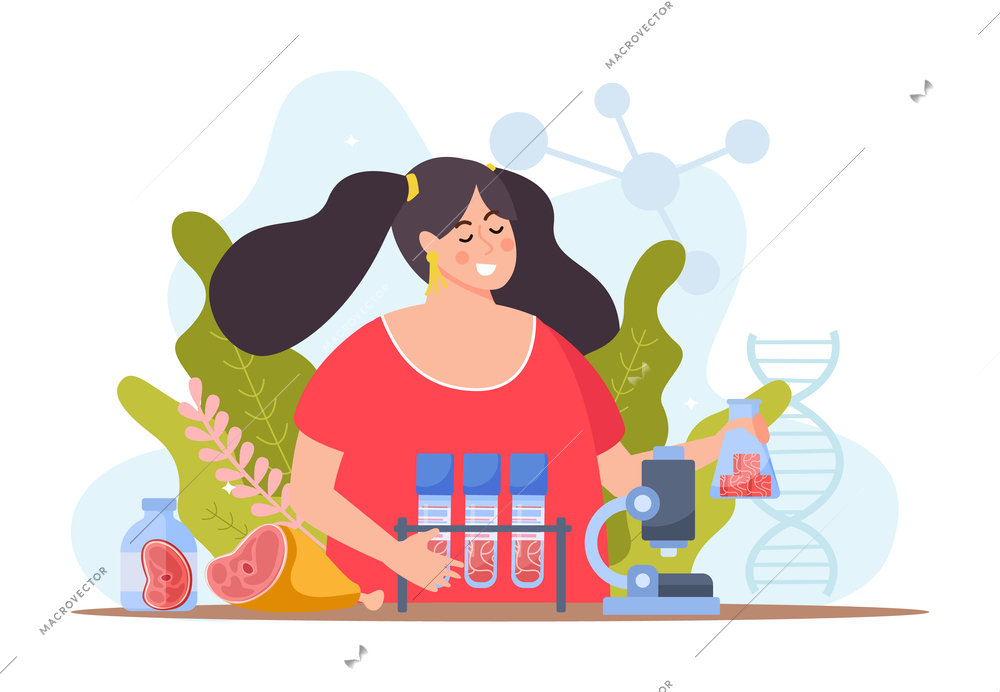Artificial grown meat flat composition with female character and test tubes with microscope and dna spirals vector illustration