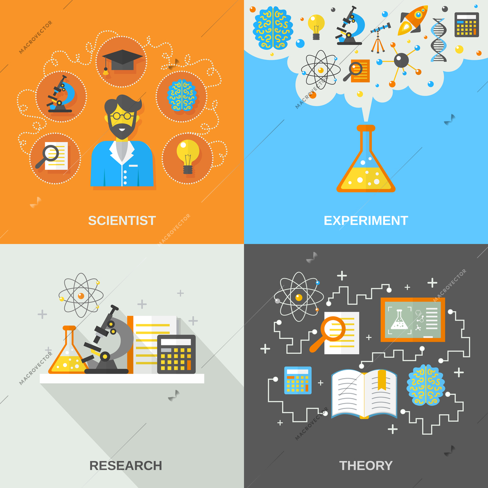 Science and research design concept set with scientist theory and experiment flat icons isolated vector illustration