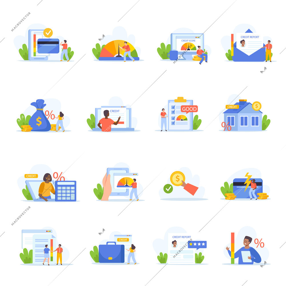 Credit score flat set of isolated icons with financial symbols chat bubbles bank documents and people vector illustration