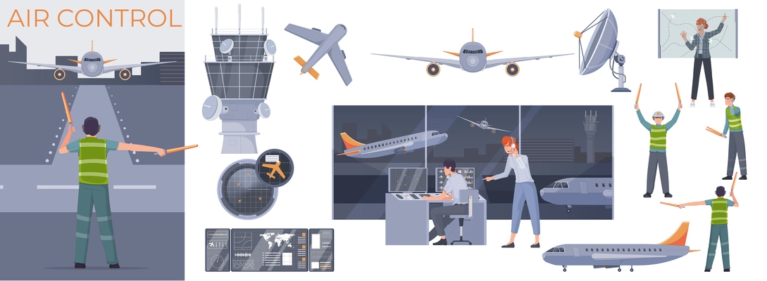 Flat air traffic control composition set with isolated airplanes airport tower aircraft controllers and marshallers at work vector illustration