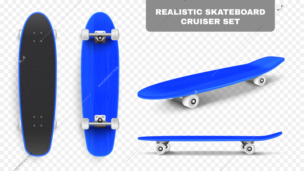 Realistic skate board set with transparent background editable text and isolated angle views of blue skateboard vector illustration