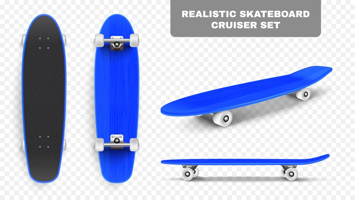 Realistic skate board set with transparent background editable text and isolated angle views of blue skateboard vector illustration