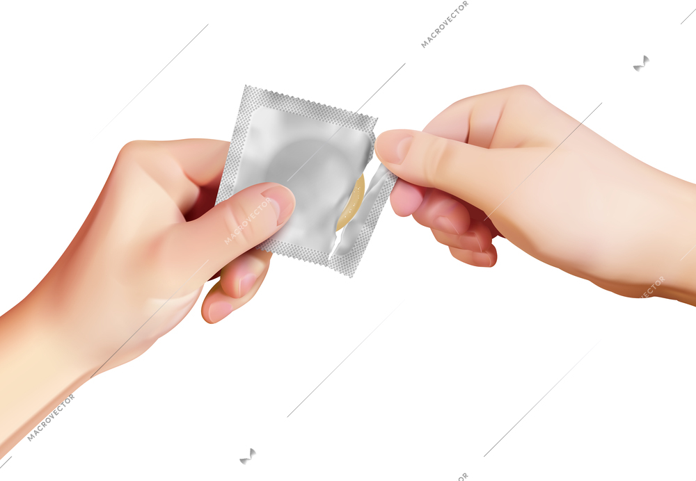 Realistic condom composition with isolated view of realistic human hands opening condom wrap on blank background vector illustration