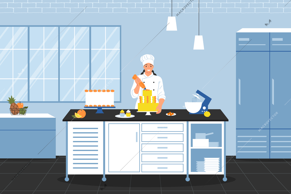 Cooks composition with doodle style character of female chef cook preparing cake with restaurant  kitchen scenery vector illustration