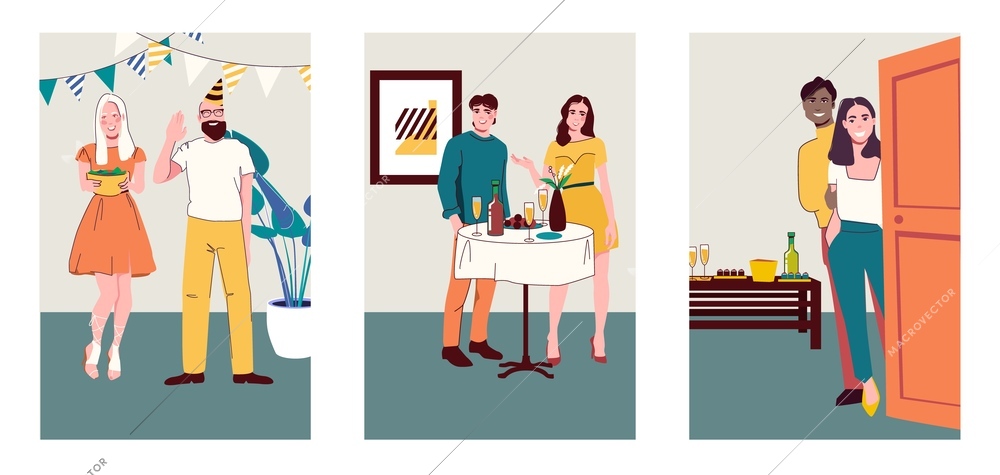 Welcome guests flat set with people having fun at home party isolated vector illustration