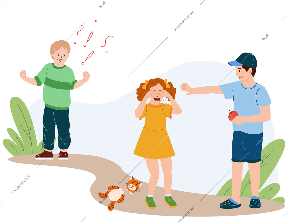 Children behaviour flat illustration with bad boy offending crying girl and good boy calming her vector illustration
