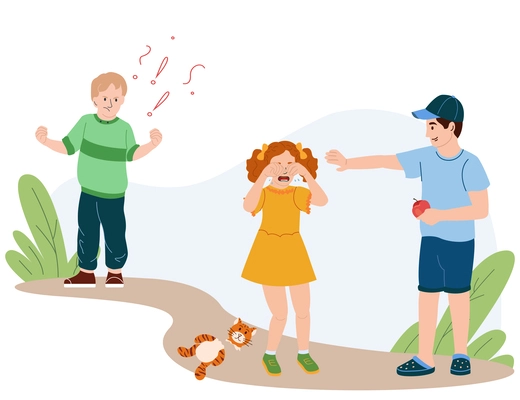 Children behaviour flat illustration with bad boy offending crying girl and good boy calming her vector illustration