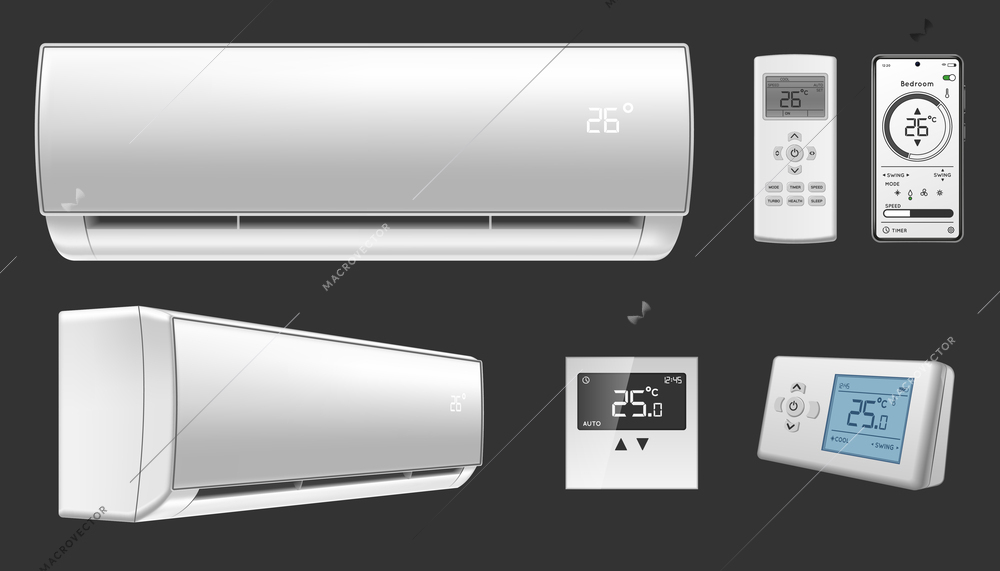 Air conditioner split system realistic set with indoor unit remote control thermostat isolated on black background vector illustration