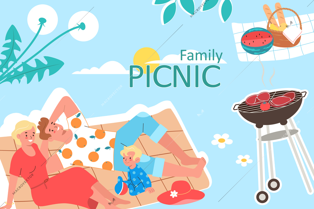 Family picnic collage with tasty snack in basket grill and happy relaxing family flat vector illustration