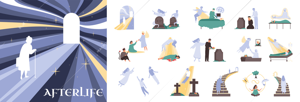 Afterlife death flat composition with sky walk with door and human silhouette with set of icons vector illustration