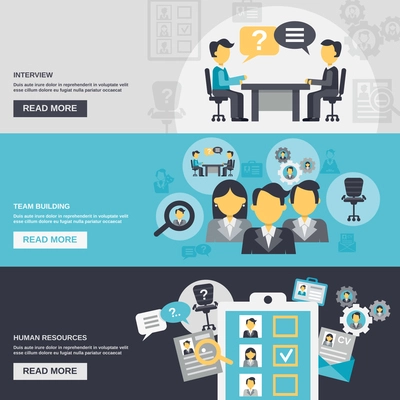 Human resources horizontal banner set with interview team building elements isolated vector illustration