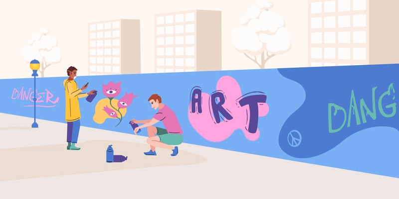 Mural artist flat composition with outdoor scenery and wall being painted by young talents doodle characters vector illustration