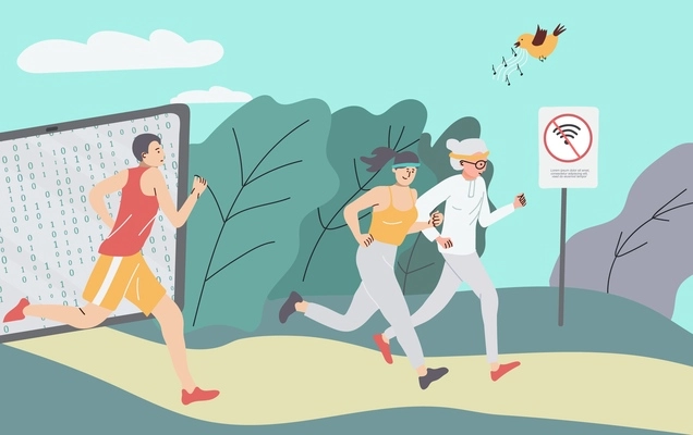 Digital detox flat concept with people escaping from technology addiction and jogging in park vector illustration