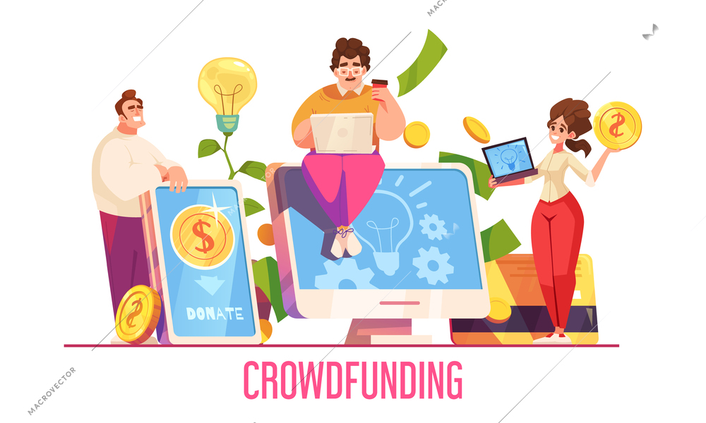 Crowdfunding flat concept with mobile gadgets and online money donation symbols vector illustration