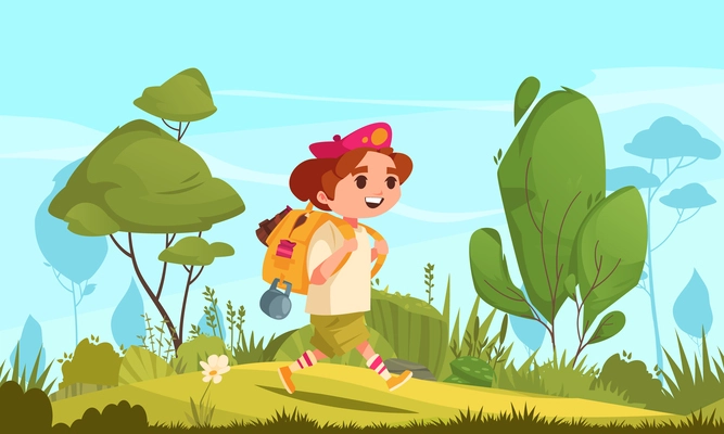 Children creative hobbies cartoon image with boy trekking outdoor vector illustration