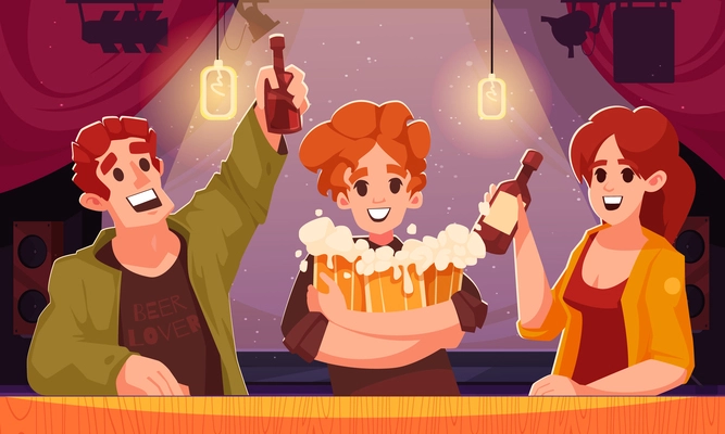 Beer cartoon poster with happy people drinking in pub vector illustration