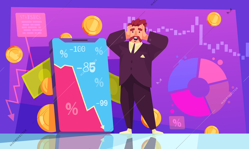 Stock market cartoon composition with trader facing investment loss vector illustration