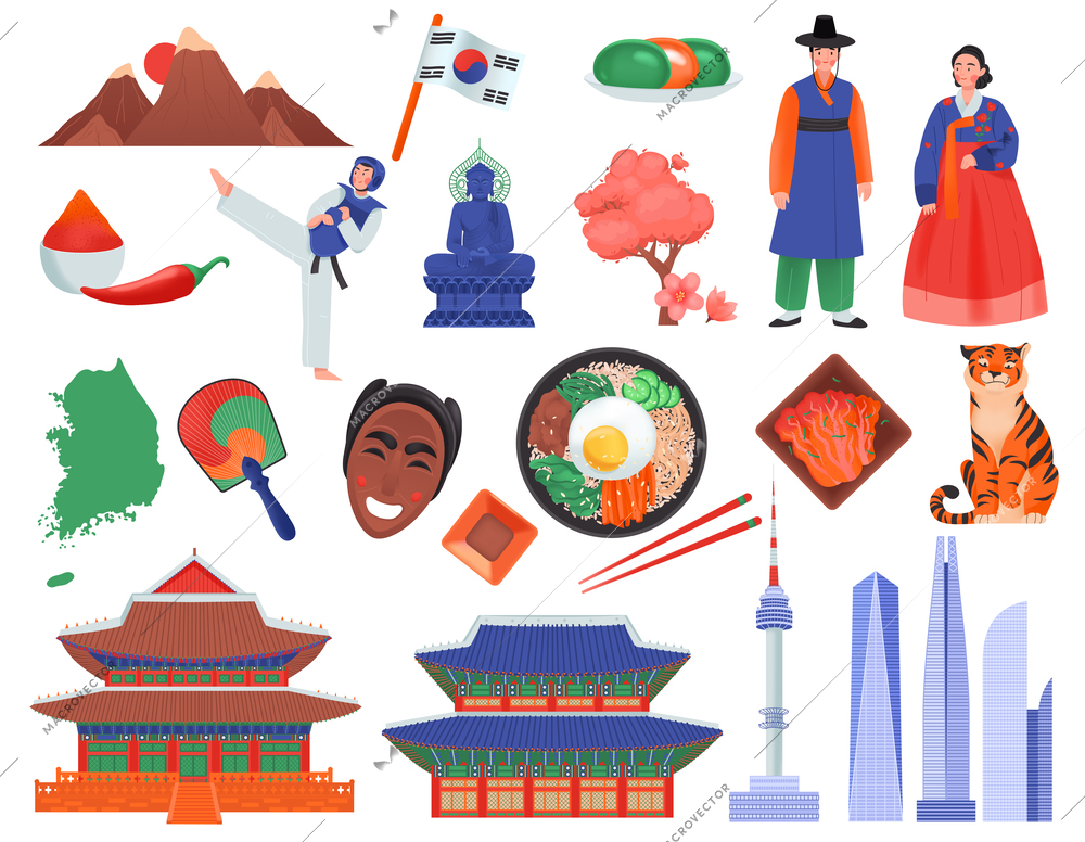 Isolated and colored south korea icon set with main sights mountains traditional dress vector illustration
