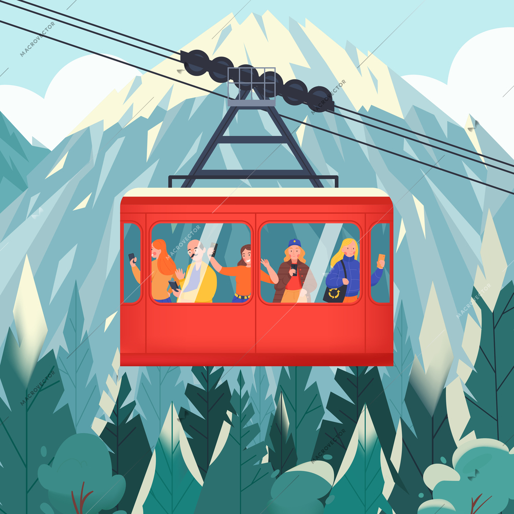 Landscape cableway concept red cabin with tourists climbing the mountains by cable car vector illustration