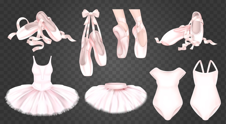 Pink ballet shoes tutu skirts and bodies realistic set isolated on transparent background vector illustration