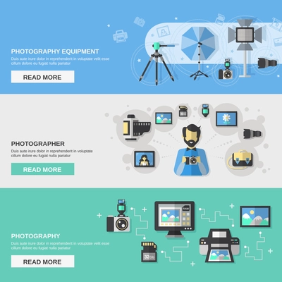 Photography horizontal banner set with photographer equipment flat elements isolated vector illustration