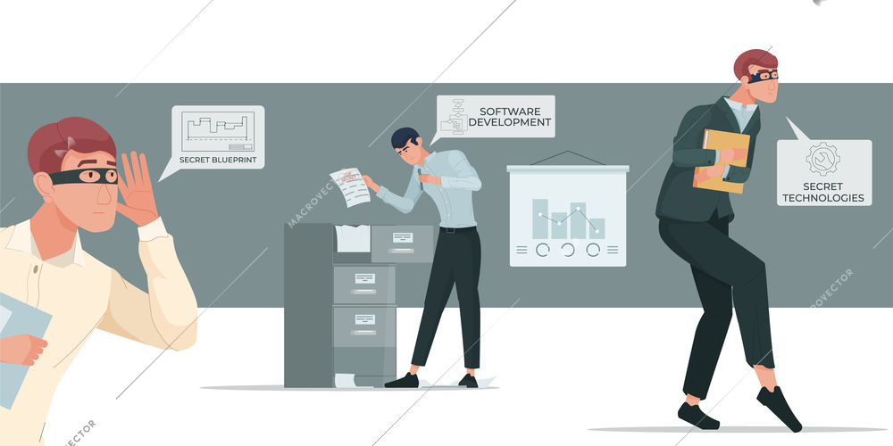 Industrial espionage flat composition with doodle style human characters office cabinet with secret documents and text vector illustration