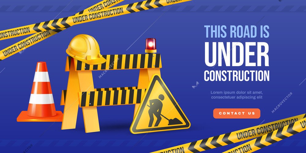 Road under construction horizontal poster in realistic style with warning signs and barriers on blue background vector illustration