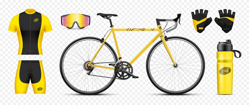 Realistic set of bicycle gear in yellow and black colors isolated on transparent background vector illustration