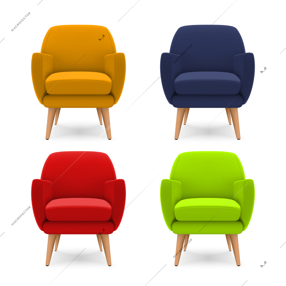 Soft armchairs of different bright colors realistic set isolated vector illustration