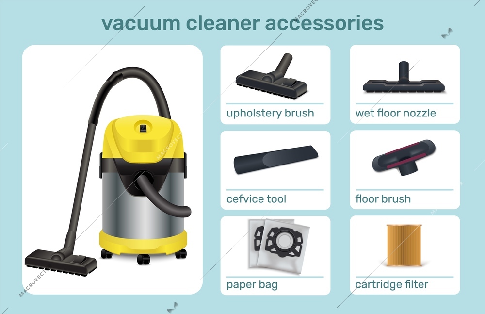 Vacuum cleaner accessories realistic infographic illustrating constituent parts of domestic equipment realistic vector illustration