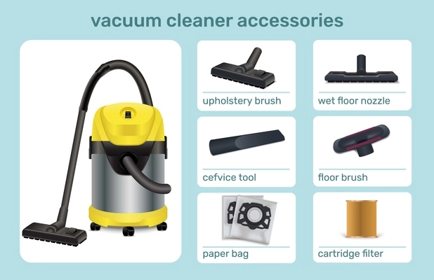 Vacuum cleaner accessories realistic infographic illustrating constituent parts of domestic equipment realistic vector illustration