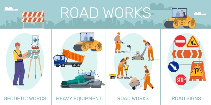 Road repair flat infographic depicting heavy equipment road signs and geodetic works vector illustration